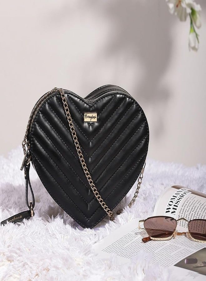 Berrylush Women Solid Black Quilted Pattern PU Detachable Sling Strap Heart Structured Regular Sling Bag - Image 2